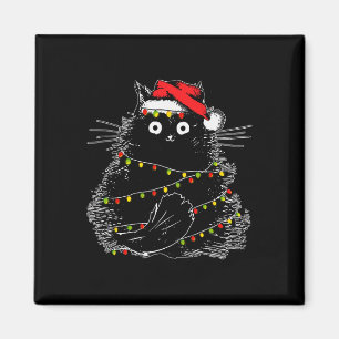 Santa Black Cat Tangled Up In Christmas Tree Light Magnet