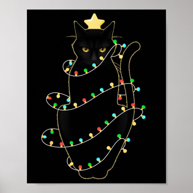 Santa Black Cat Tangled Up In Christmas Tree Light Poster (Front)