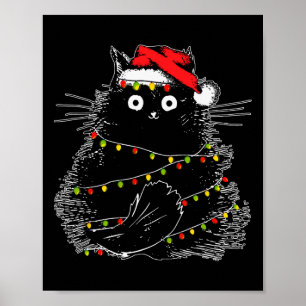 Santa Black Cat Tangled Up In Christmas Tree Light Poster