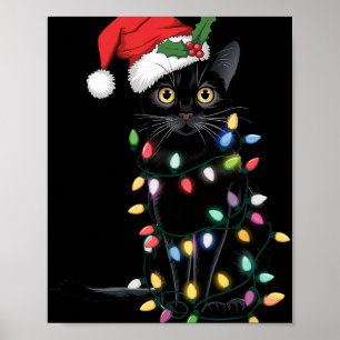 Santa Black Cat Tangled Up In Christmas Tree Light Poster