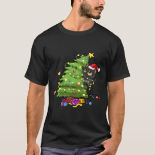 Santa Black Cat Tangled Up In Christmas Tree Light T-Shirt