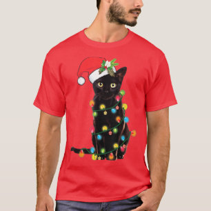Santa Black Cat Tangled Up In Christmas Tree Light T-Shirt