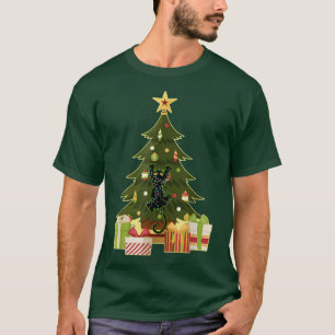 Santa Black Cat Tangled Up In Christmas Tree Light T-Shirt
