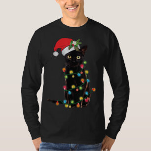 Santa Black Cat Tangled Up In Christmas Tree Light T-Shirt