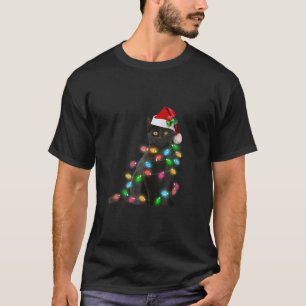 Santa Black Cat Tangled Up In Christmas Tree Light T-Shirt