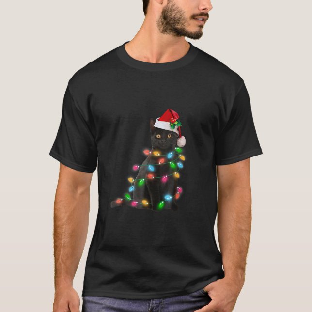 Santa Black Cat Tangled Up In Christmas Tree Light T-Shirt (Front)