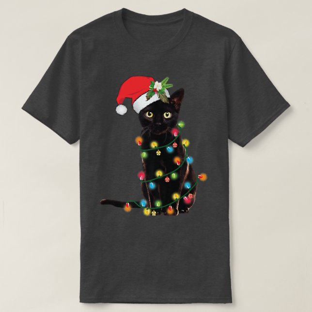 Santa Black Cat Tangled Up In Christmas Tree Light T-Shirt (Design Front)