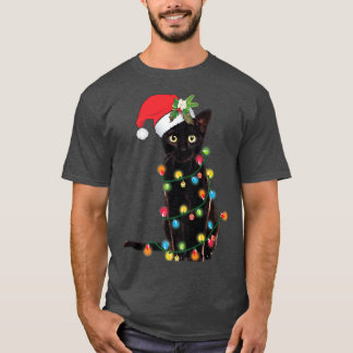 Santa Black Cat Tangled Up In Christmas Tree Light T-Shirt