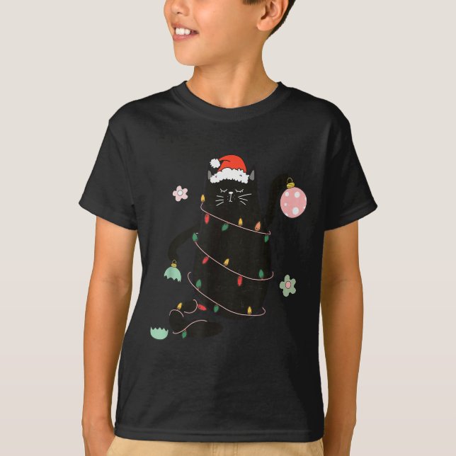 Santa Black Cat Tangled Up In Christmas Tree Light T-Shirt (Front)