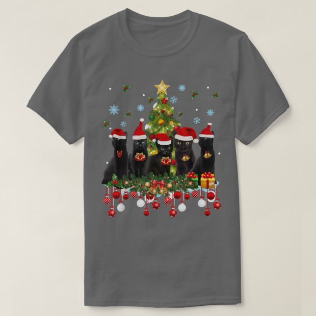 Santa Black Cats Christmas Tree Lights Funny Cat L T-Shirt (Design Front)