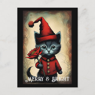 Santa Black Cute Kitty Flower Christmas Postcard