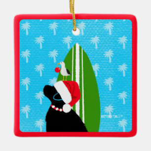 Santa Black Lab Surfboard Dog Christmas Ornament