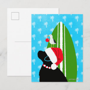 Santa Black Lab Surfboard Dog Christmas Postcard