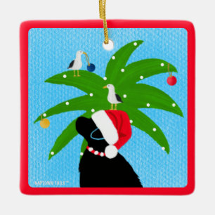 Santa Black Lab Trimming the Christmas Palm Tree Ceramic Ornament
