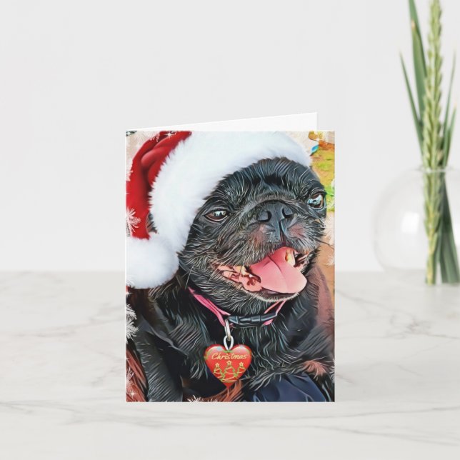 Santa Black Pug Holiday Card (Front)