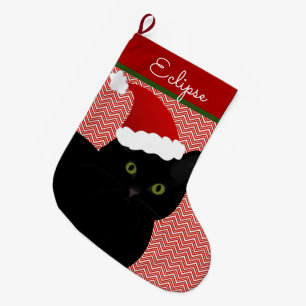 Santa Black Short Hair Cat Green Eyes Personalised Large Christmas Stocking