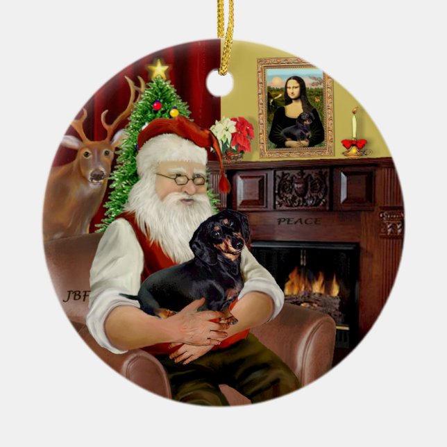 Santa-Black-Tan Dachshund (smooth) Ceramic Tree Decoration (Front)