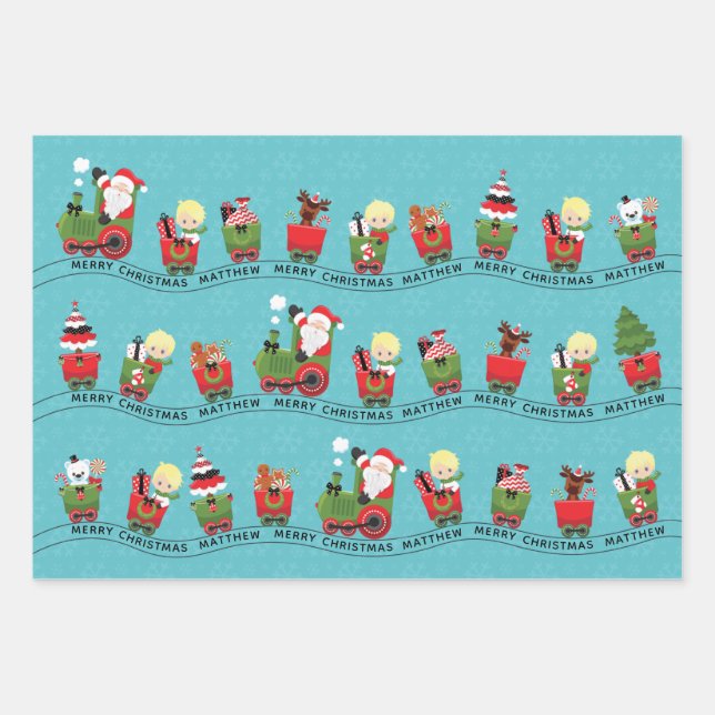 Santa & Blonde Boy on Train Wrapping Paper Sheet (Front)