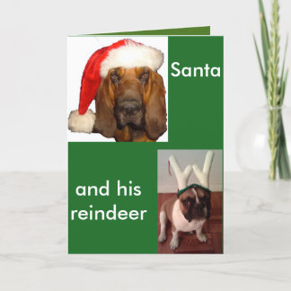Santa Bloodhound and Reindeer French Bulldog Holiday Card