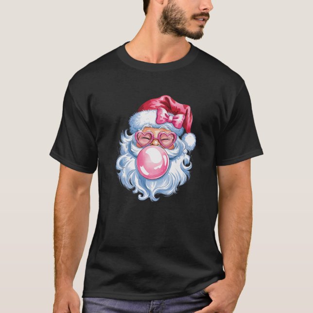 Santa Blowing Bubble Gum Christmas Pink Coquette S T-Shirt (Front)