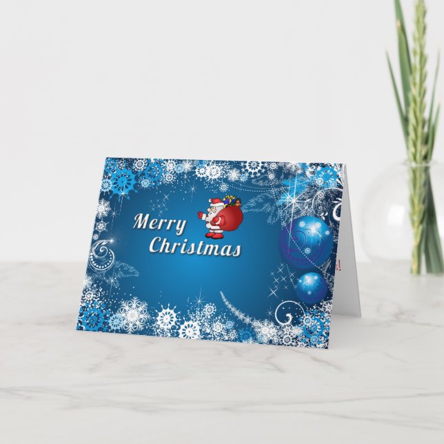 Santa Blue Glitter Balls Merry Christmas Holiday Card (Front)