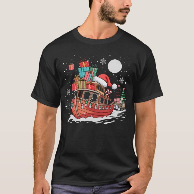 Santa Boat Lights Christmas Driving Xmas Boys Kids T-Shirt (Front)