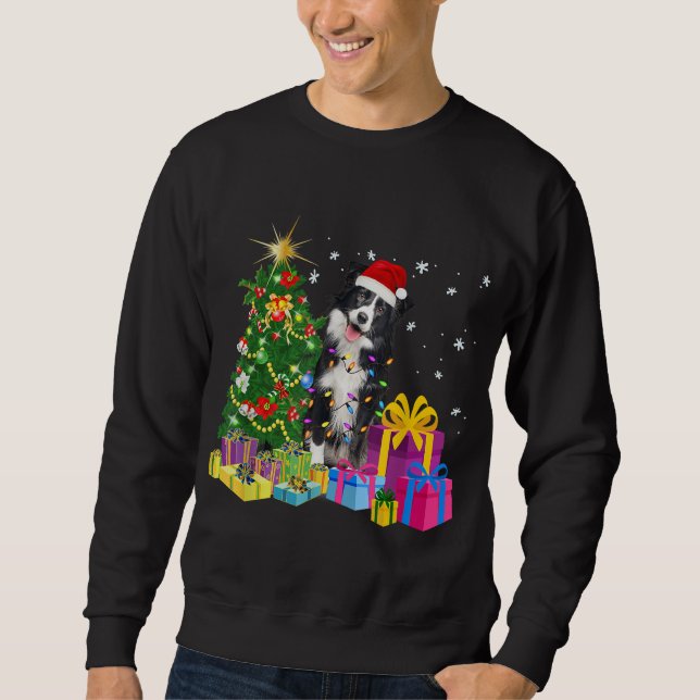 Santa Border Collie Dog Christmas Tree Light Funny Sweatshirt (Front)