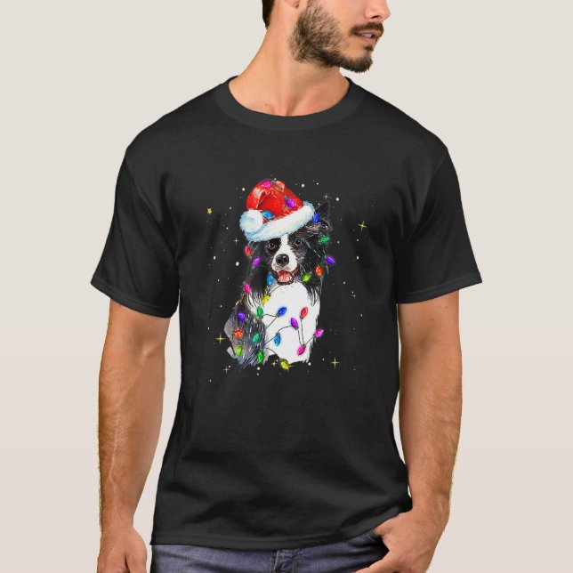 Santa Border Collie  Matching Christmas Lights Dog T-Shirt (Front)