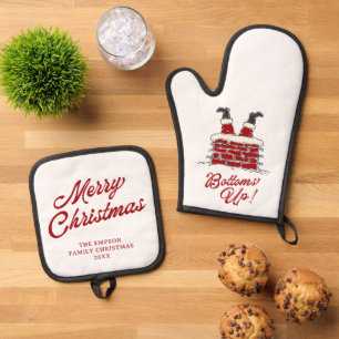 Santa Bottoms Up Funny Christmas Cooking Gift Oven Mitt & Pot Holder Set