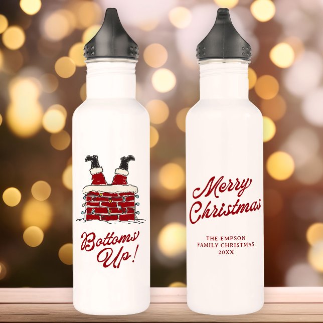 Santa Bottoms Up Funny Christmas Holiday 710 Ml Water Bottle (White water bottle with Santa legs in a chimney, holiday light string, and “Bottoms Up!” in bold red)