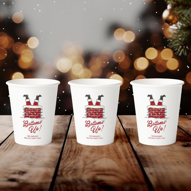 Santa Bottoms Up Funny Christmas Party Drinkware Paper Cups (Paper party cup with Santa upside-down in a brick chimney, "Bottoms Up" in red script)