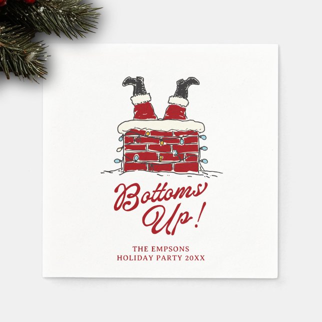 Santa Bottoms Up Funny Holiday Cocktail Accent Napkin (Square cocktail napkin with Santa upside-down in a chimney, fun “Bottoms Up!” red lettering)