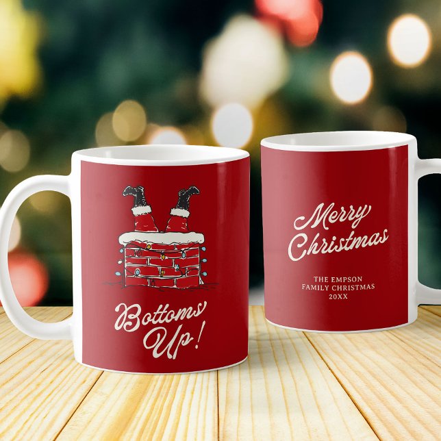 Santa Bottoms Up Funny Holiday Kitchen and Gift Coffee Mug (Red holiday mug decorated with Santa’s legs in a chimney, cheerful string lights.)