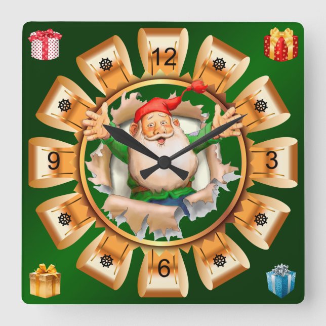 Santa Breaking Through ~ Merry Christmas ~ Square Wall Clock (Front)