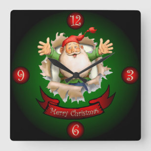 Santa Breakthrough ~ Merry Christmas Greetings ~ Square Wall Clock