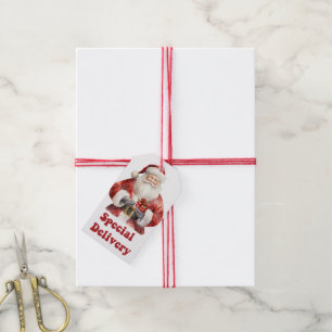 Santa brings gifts for happy holidays! gift tags