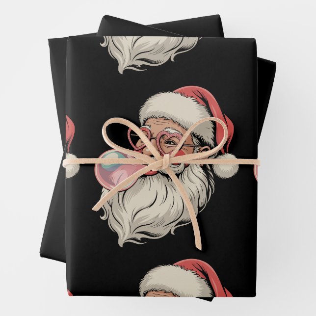 Santa Bubble Gum Pink Sunglasses Christmas Xmas Wrapping Paper Sheet (In situ)