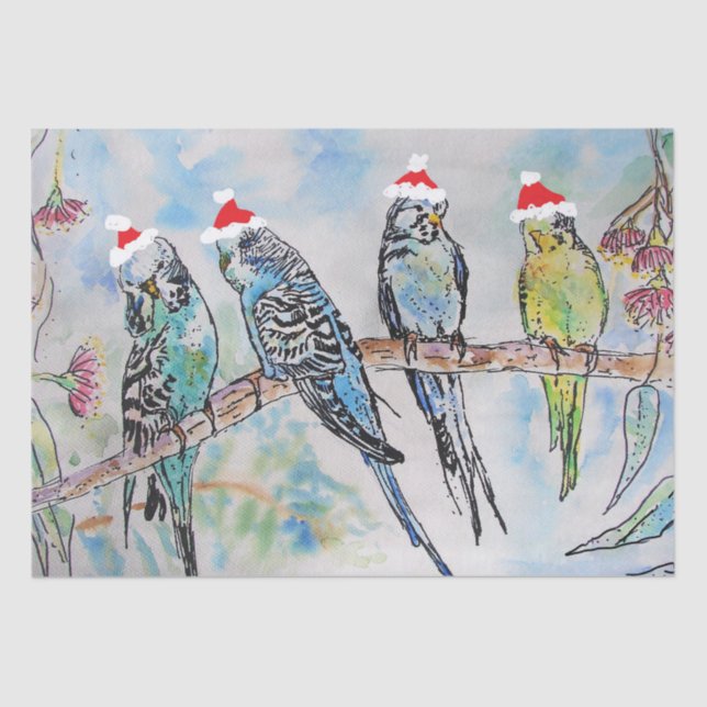 Santa Budgie Budgies Floral Pattern Tissue Paper (Front)