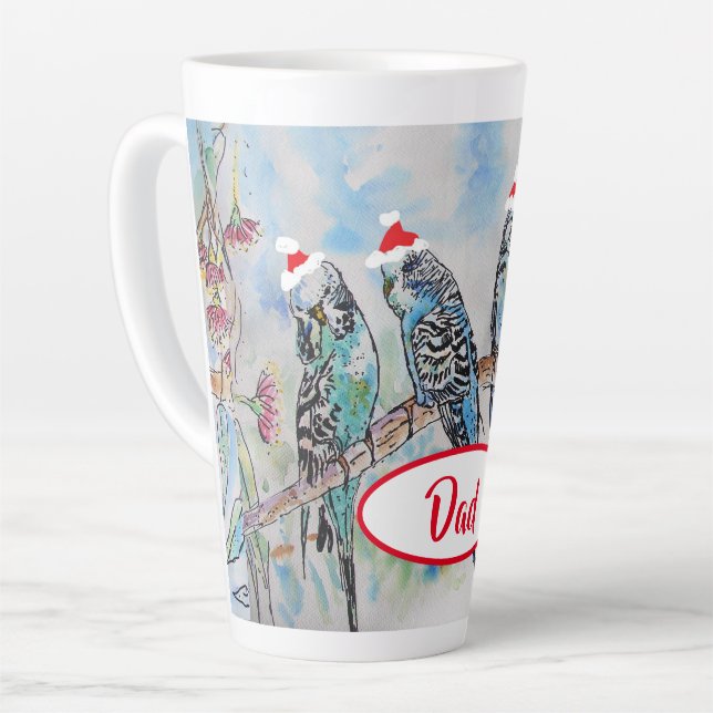 Santa Budgie Christmas Budgies Budgerigar Bird Dad Latte Mug (Left Angle)