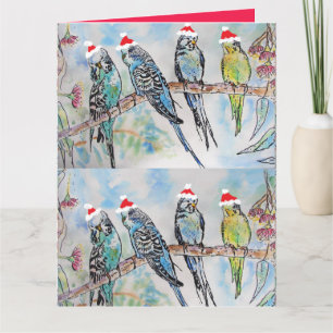 Santa Budgie Christmas Watercolor Painting Bird Card