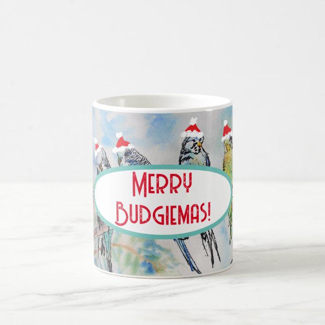 Santa Budgie Christmas Watercolor Painting Bird Coffee Mug (Center)