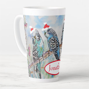 Santa Budgie Christmas Watercolor Painting Bird Latte Mug