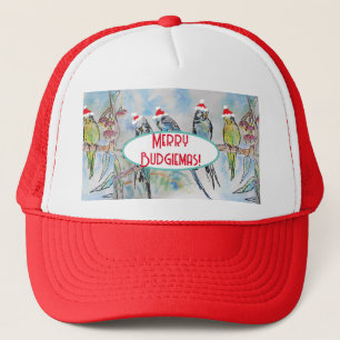 Santa Budgie Christmas Watercolor Painting Bird Trucker Hat