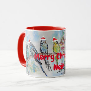 Santa Budgie Merry Christmas Name Mug Red