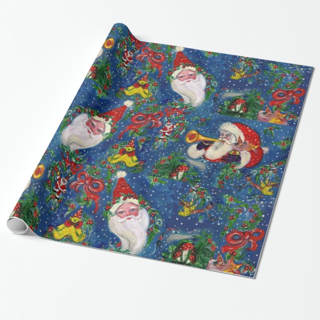 SANTA BUGLER,TOYS ,RIBBONS,MUSICAL CHRISTMAS NIGHT WRAPPING PAPER (Unrolled)