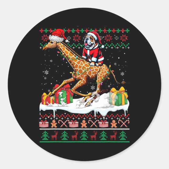 Santa Bulldog Riding Giraffe Christmas Sweater Lov Classic Round Sticker (Front)