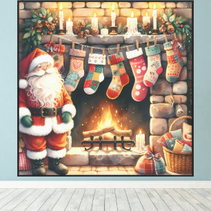 Santa by Fireplace Christmas Stockings Canvas Print