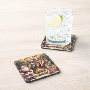 Santa by Fireplace Christmas Stockings Coaster