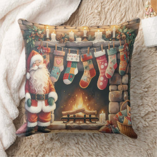 Santa by Fireplace Christmas Stockings Cushion