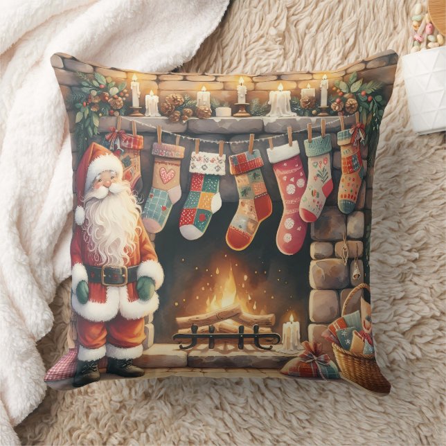 Santa by Fireplace Christmas Stockings Cushion (Blanket)
